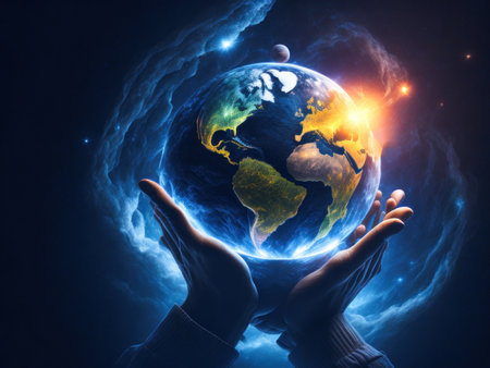 Small girl is holding the Earth. Save the planet. Earth Day. Future is in Their Hands. Generative Aiの素材