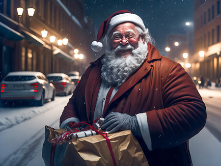 Happy Santa Claus outdoors in snowfall holding gifts for children. Generative Ai.の素材