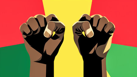 African American people raised fists in the air in green, red, yellow colors. Juneteenth Freedom Day Celebration. Juneteenth and african liberation day. Generative ai.の素材
