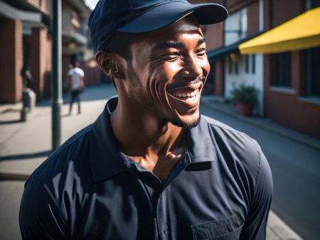 Delivery Concept - Portrait of Happy African American delivery man holding a box package outside. Generative Aiの素材