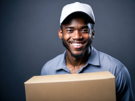 Delivery Concept - Portrait of Happy African American delivery man holding a box package against grey background. Generative Aiの素材