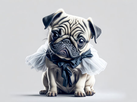 Cute funny pug puppy wearing blue dress on white background. Generative Aiの素材