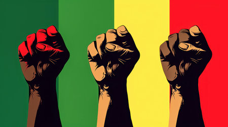 African American people raised fists in the air in green, red, yellow colors. Juneteenth Freedom Day Celebration. Juneteenth and african liberation day. Generative aiの素材