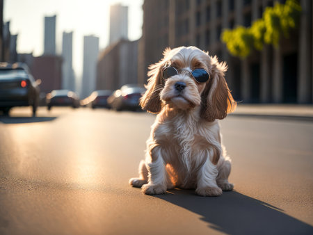 Cute dog cocker spaniel breed wearing sunglasses city on background. Dog vacation relax concept. Generative Aiの素材