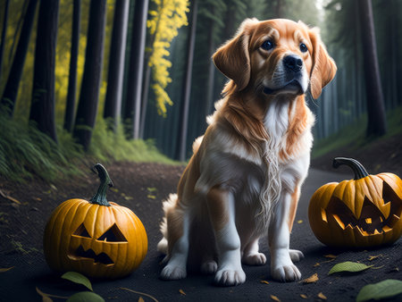 Cute golden retriever dog with pumpkin with autumn forest. Halloween costume. Dog vacation relax concept. Generative Aiの素材