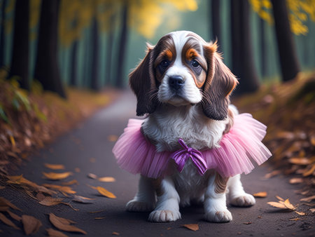 Cute cocker spaniel puppy wearing pink dress in the forest. Dog vacation relax concept. Hiking. Generative Aiの素材