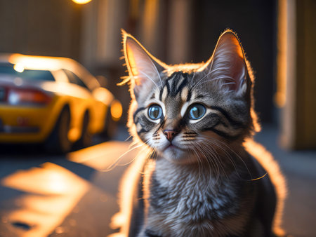 Cute fluffy tabby kitten portrait on city on background. Street cat, vacation relax concept. Generative Aiの素材