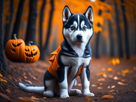 Cute husky puppy wearing halloween costume autumn forest on background. Halloween costume. Dog vacation relax concept. Generative Aiの素材