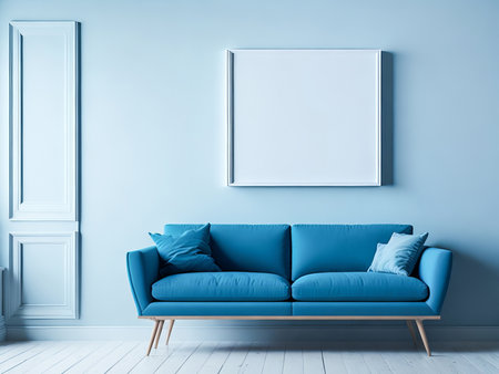 Blank frame mockup for artwork or print on pastel blue wall with blue couch, copy space. Interior design. Generative Aiの素材