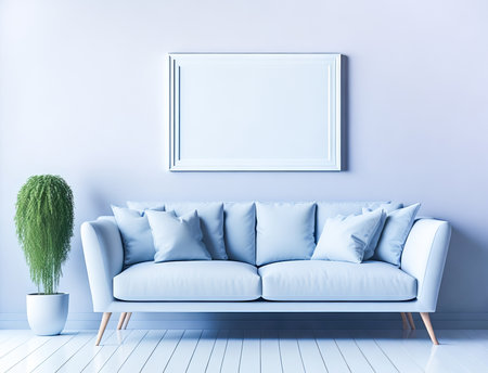 Blank frame mockup for artwork or print on pastel blue wall with blue couch, copy space. Interior design. Generative Aiの素材