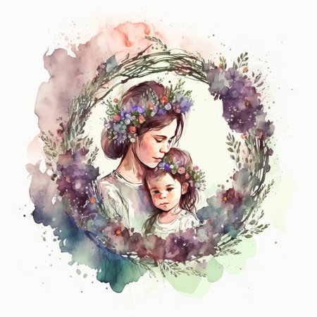Floral watercolor illustration of mother hugging her baby, women day, happy childhood, mother's day, copy space. Concept mothers love, relationships between mother and child. Generative ai.の素材