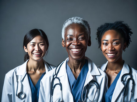 Successful diverse team of medical doctors are looking at camera and smiling while standing in hospital. Generative Ai.の素材