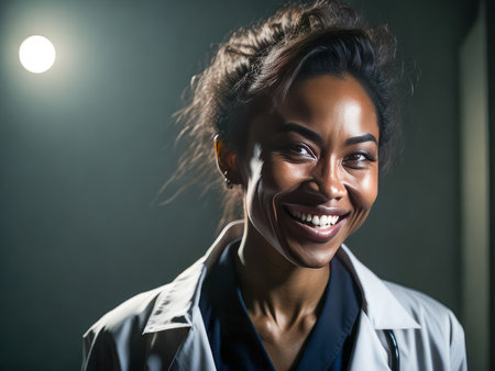 Latino woman doctor with stethoscope in uniform over background with copy space, medical concept. Generative aiの素材