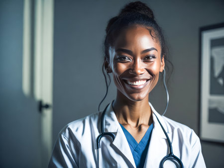 Latino woman doctor with stethoscope in uniform over background with copy space, medical concept. Generative aiの素材