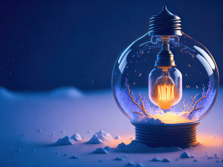 Eco friendly lightbulb with home heating at winter, concept of heting energy at windet. Heating energy crisis. Generative Aiの素材