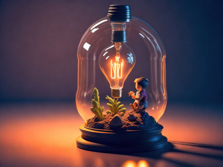 Eco friendly lightbulb with small child living inside, concept of isolated world. Concept of saving the world. Generative Aiの素材