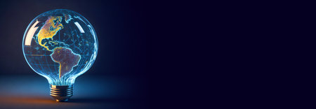 Banner of eco friendly lightbulb in shape of planet earth, concept of Renewable Energy and Sustainable Living. concept business energy in nature on the world. Generative Aiの素材