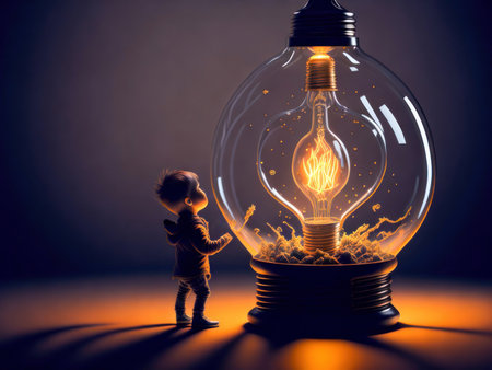 Eco friendly lightbulb with small child looking at electric energy inside, concept of Renewable Energy and Sustainable Living. concept business energy in nature on the world. Generative Aiの素材