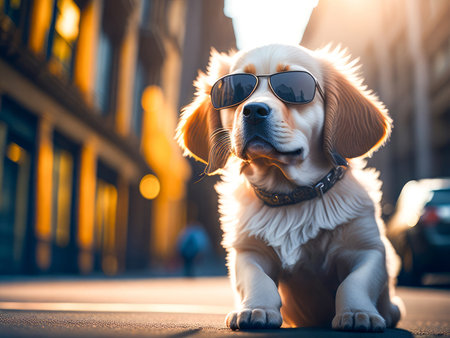 Cute dog golden retriever breed wearing denim jacket and sunglasses city on background. Dog vacation relax concept. Generative Aiの素材