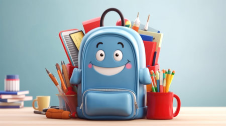 Cute blue smiling backpack with school supplies on blue background. Back to school conceptの素材