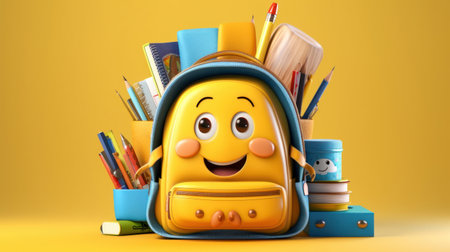 Cute yellow smiling backpack with school supplies on yellow background. Back to school conceptの素材