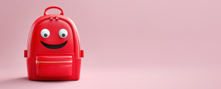 Cute red smiling backpack with pink background. Back to school conceptの素材