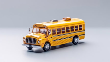 Yellow school bus plastic and metal toy on a white background. Generative aiの素材