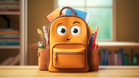 Cute orange smiling backpack with school supplies on table. Back to school concept. Generative aiの素材