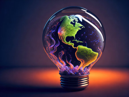 Eco friendly lightbulb in shape of planet earth, concept of Renewable Energy and Sustainable Living. concept business energy in nature on the world. Generative Aiの素材