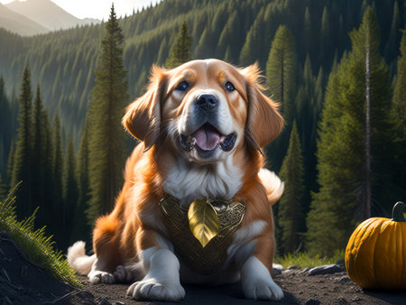 Cute golden retriever dog with pumpkin with autumn forest. Halloween costume. Dog vacation relax concept. Generative Aiの素材