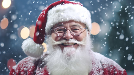 Happy Santa Claus outdoors in snowfall hands crossed. Generative Ai.の素材