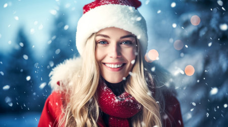 Beautiful blonde woman in Santa hat outside with falling snow background. Generative Aiの素材