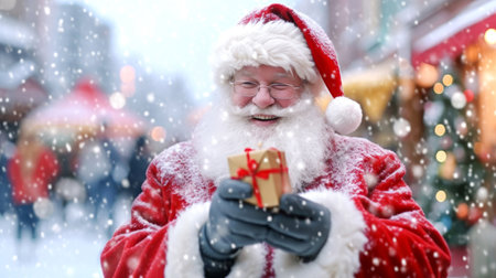 Happy Santa Claus outdoors in snowfall hands crossed. Generative Ai.の素材