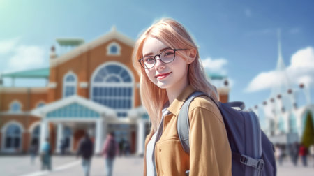 Happy caucasian teenager female student looking at camera with blurred school building on background. Back to school. Generative Aiの素材
