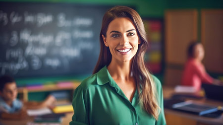 Pretty smiling female teacher looking at camera, kids on background in classroom at the elementary school. Back to school. Generative aiの素材