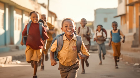 A group of young children with backpacks are walking to school on the dusty street. Back to school. Generative ai.の素材