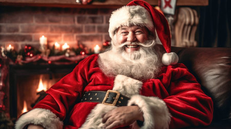 Santa Claus sitting in chair by the fireplace. Christmas and New Year concept. Home decoration. Generative Aiの素材