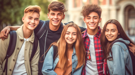 Happy caucasian teenager students looking at camera with blurred school building on background. Back to school. Generative Aiの素材