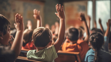 School children with hands up in classroom, view from back at the elementary school. Back to school. Generative aiの素材