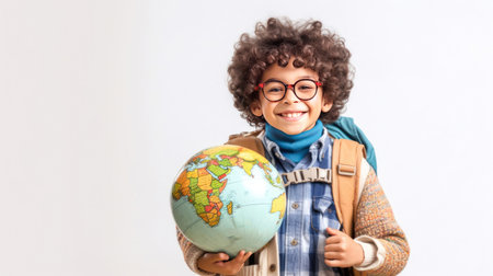 Little boy with backpack and globus looking at camera on white background. Back to school. Generative Aiの素材