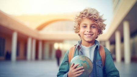 Little boy with backpack and globus looking at camera school building on background. Back to school. Generative Aiの素材