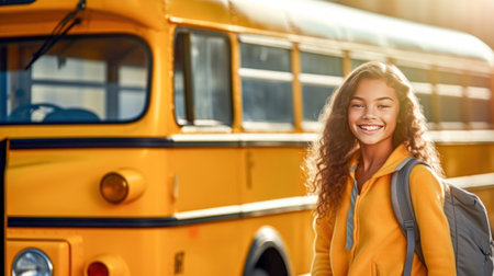 Little girl with backpack and books looking at camera yellow school bus on background. Back to school. Generative Aiの素材