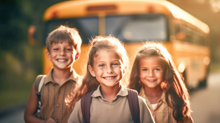 Little girl and boy with backpacks and books looking at camera yellow school bus on background. Back to school. Generative Aiの素材
