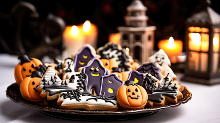 Homemade Halloween Cookies decorated with Orange, Purple and Green Icing. Halloween food. Trick or treatの素材