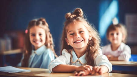 School children smiling at camera in classroom. Back to schoolの素材