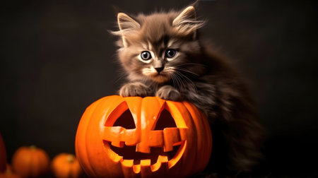 Cute gray kitten sits near orange pumpkins on black background. Halloween or Thanksgiving theme.の素材