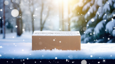 Delivered parcel box on door mat near winter snow entrance. Christmas online shopping. Black Friday sale.の素材