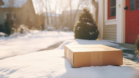 Delivered parcel box on door mat near winter snow entrance. Christmas online shopping. Black Friday sale.の素材