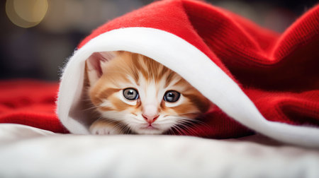 Beautiful small kitten with red Santa hat. Christmas holiday greeting cardの素材