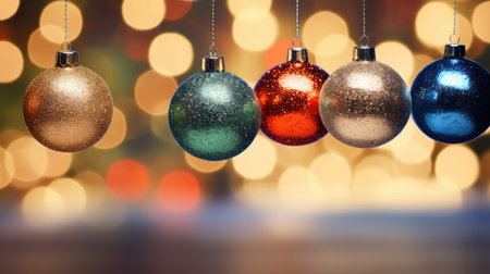 Festive ornaments with golden bokeh on background. Christmas celebration holiday background banner. Christmas baubles.の素材